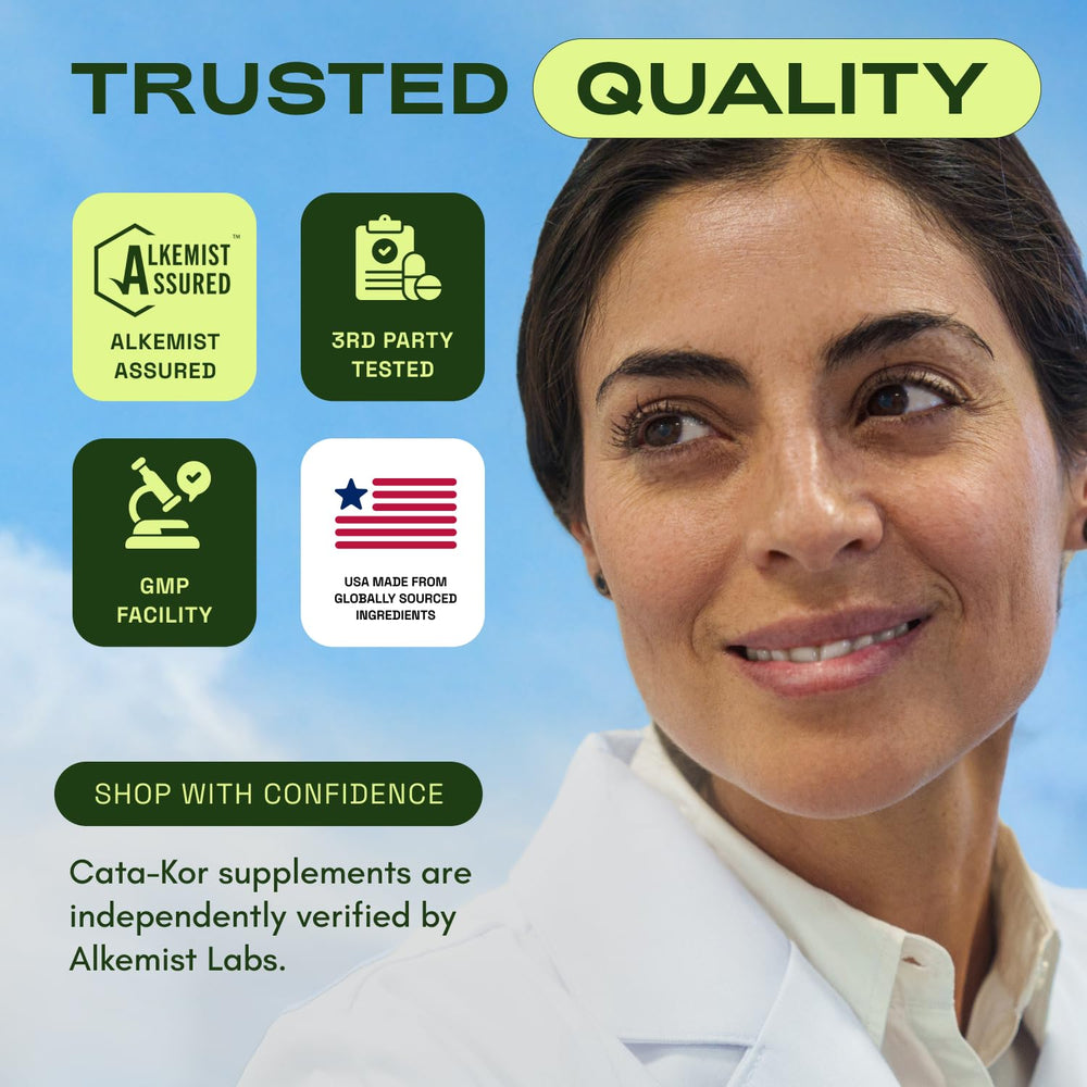 Cata-Kor NAD Core USA-made label emphasizes quality and global ingredient sourcing.