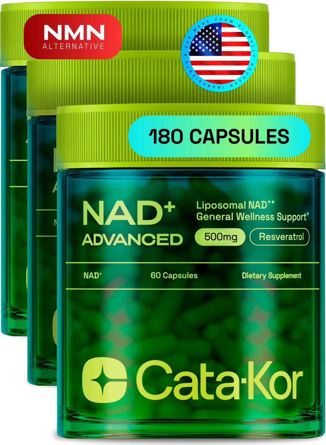 Cata-Kor Liposomal NAD+ with Resveratrol bottle front for easy daily use.