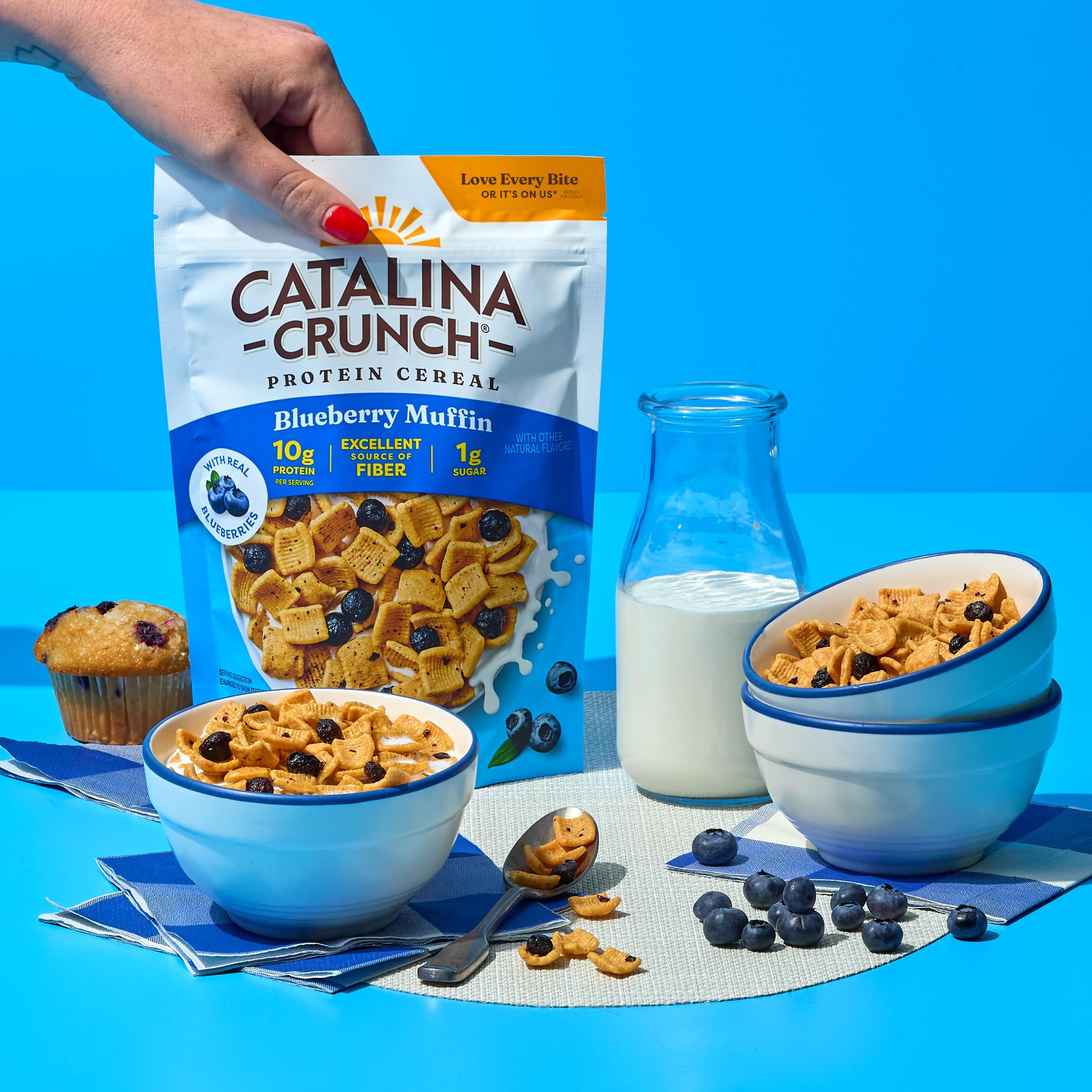 Catalina Crunch breakfast setup with cereal, bowl, and coffee