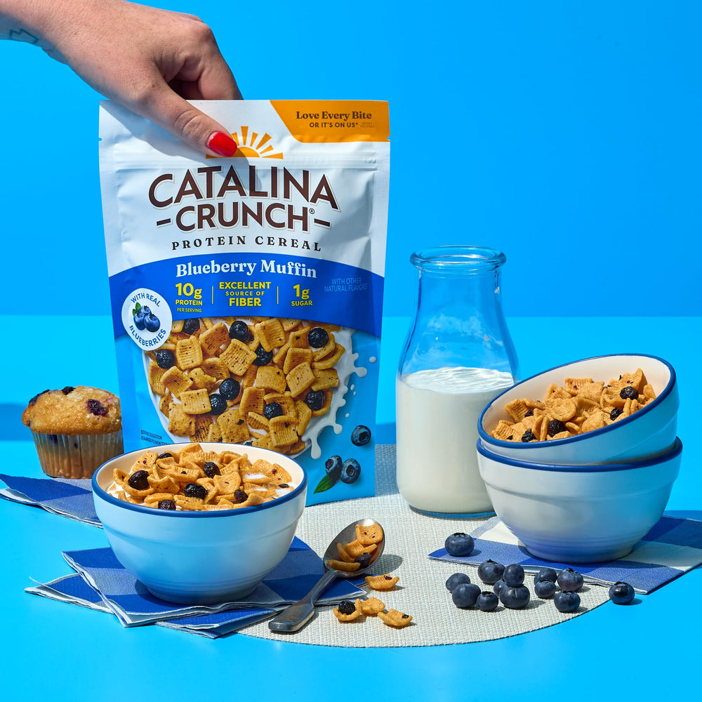 Catalina Crunch breakfast setup with cereal, bowl, and coffee