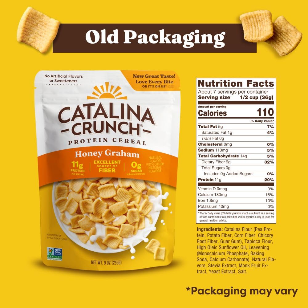 Pouring Catalina Crunch honey graham cereal showcases crunch and inviting aroma