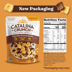 Catalina Crunch chocolate peanut butter flavor visible with crunchy cereal bites.