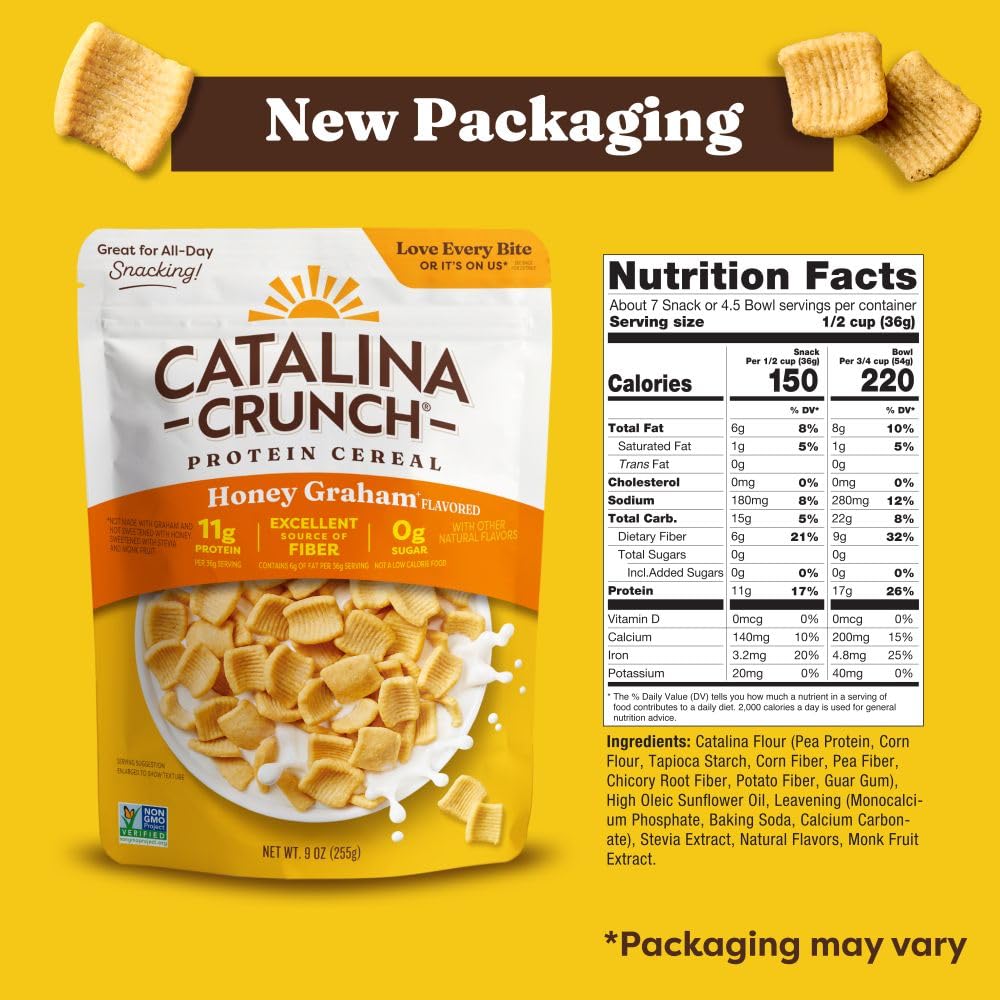 Catalina Crunch packaging showing the 9 oz bag for gluten-free snacking
