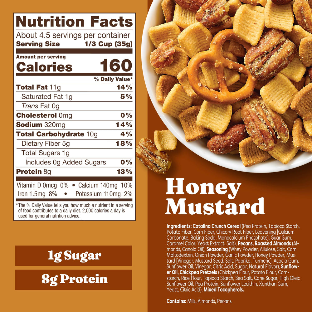 Catalina Crunch Honey Mustard close-up highlights savory crunch and keto-friendly ingredients.