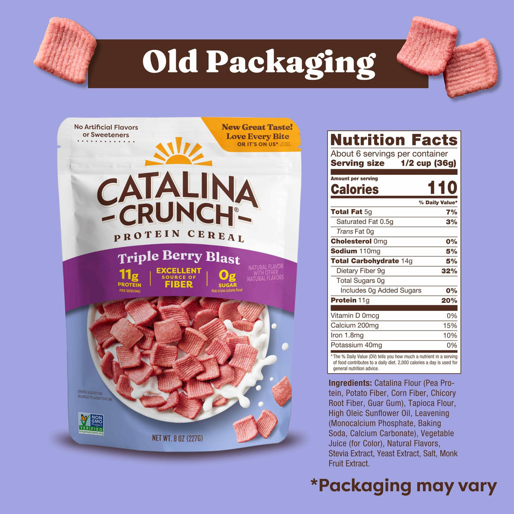 Catalina Crunch berry blast packaging reinforces gluten-free and non-GMO ingredients.