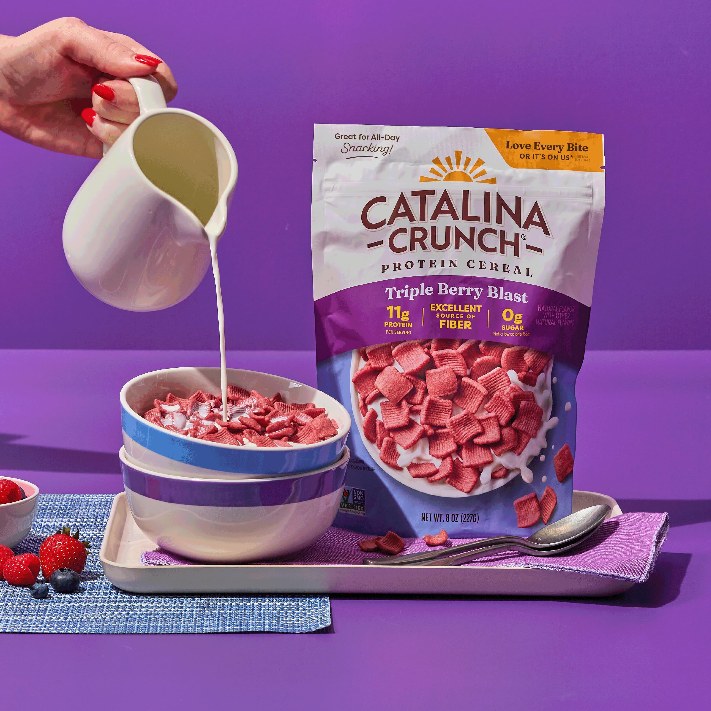 Catalina Crunch berry-blast snack on-the-go illustrates convenient protein boost.