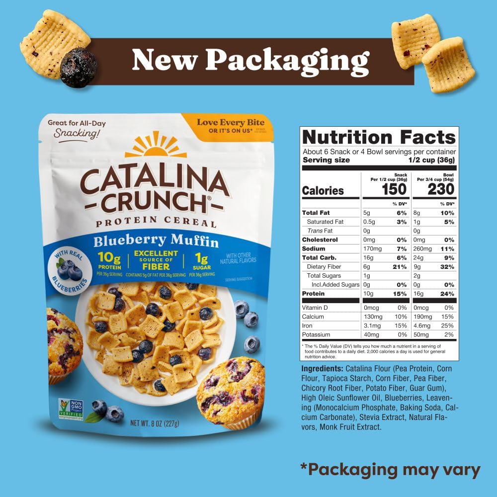 Catalina Crunch protein cereal bowl with crunchy texture and blueberry notes