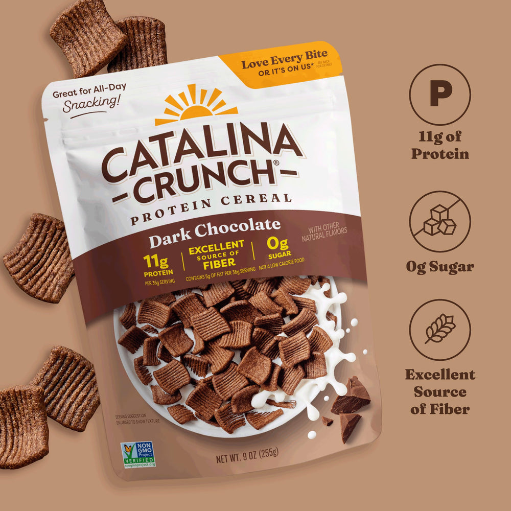 Closeup of Catalina Crunch dark chocolate cereal texture.