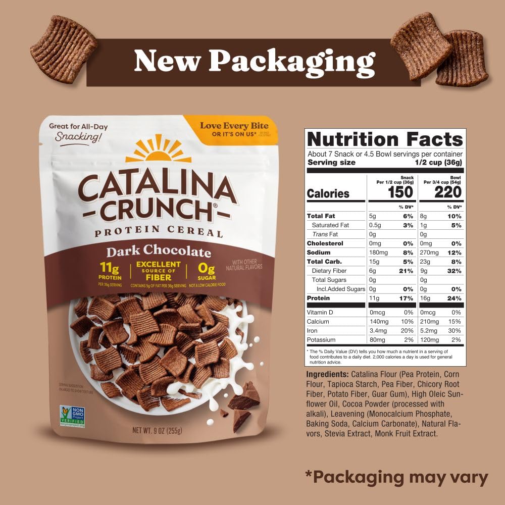 Pouring Catalina Crunch Protein Cereal dark chocolate into a bowl.