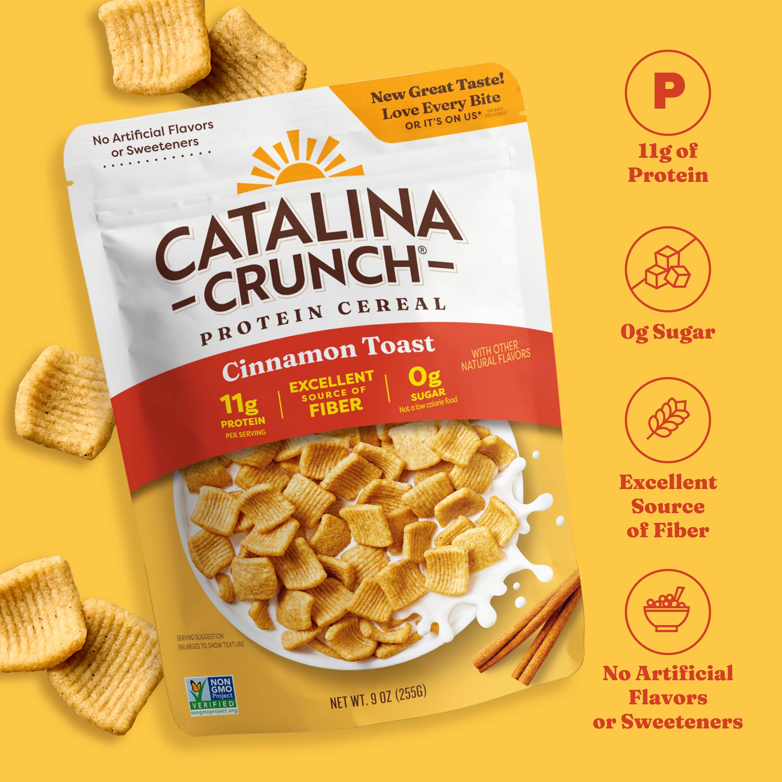 Nutrition facts graphic emphasizing 11g protein and 9g fiber per serving