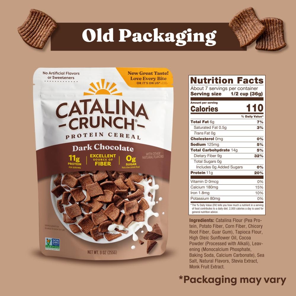 Catalina Crunch 9 oz packaging with dark chocolate cereal.