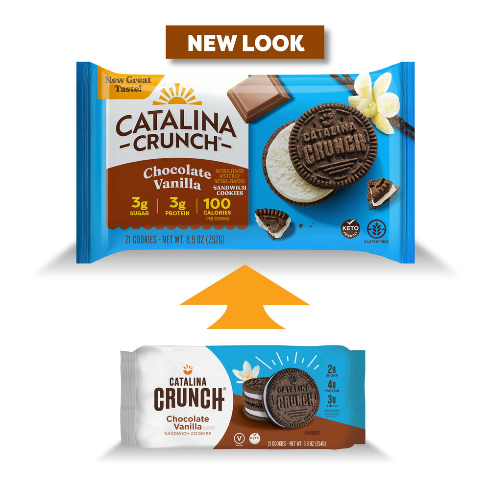 Catalina Crunch Protein Cookies closeup filling, creamy frosting pairs with crunchy biscuits.