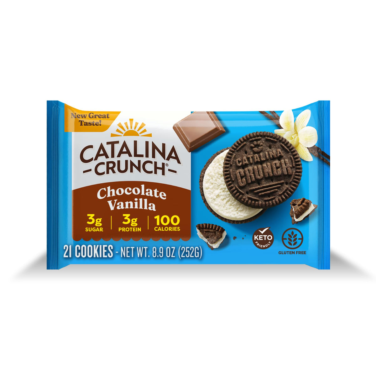 Catalina Crunch Protein Cookies package front, keto-friendly snack for mindful eating.