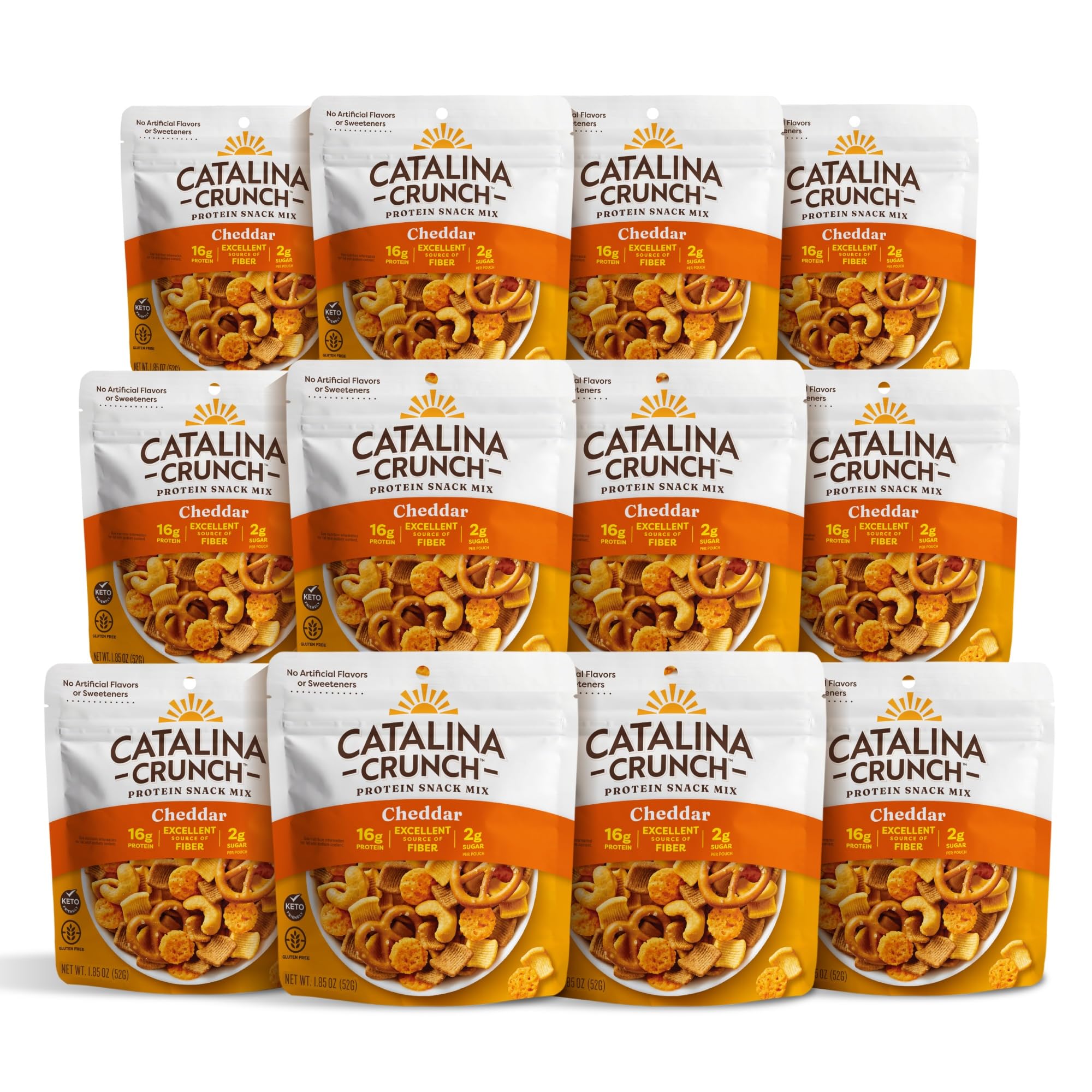 Catalina Crunch protein grab-and-go snack mix cheddar in a resealable pouch for on-the-go fuel.