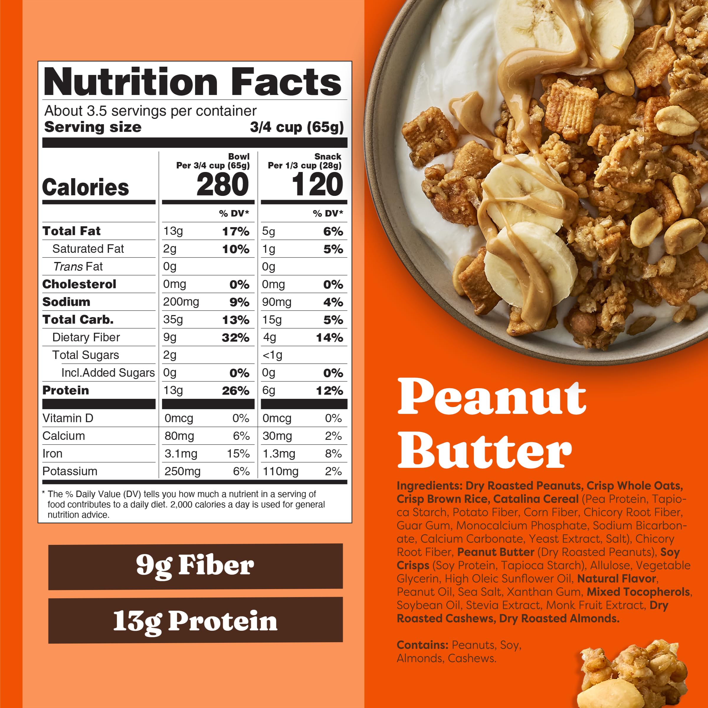 Granola in a bowl showing 13g protein per serving