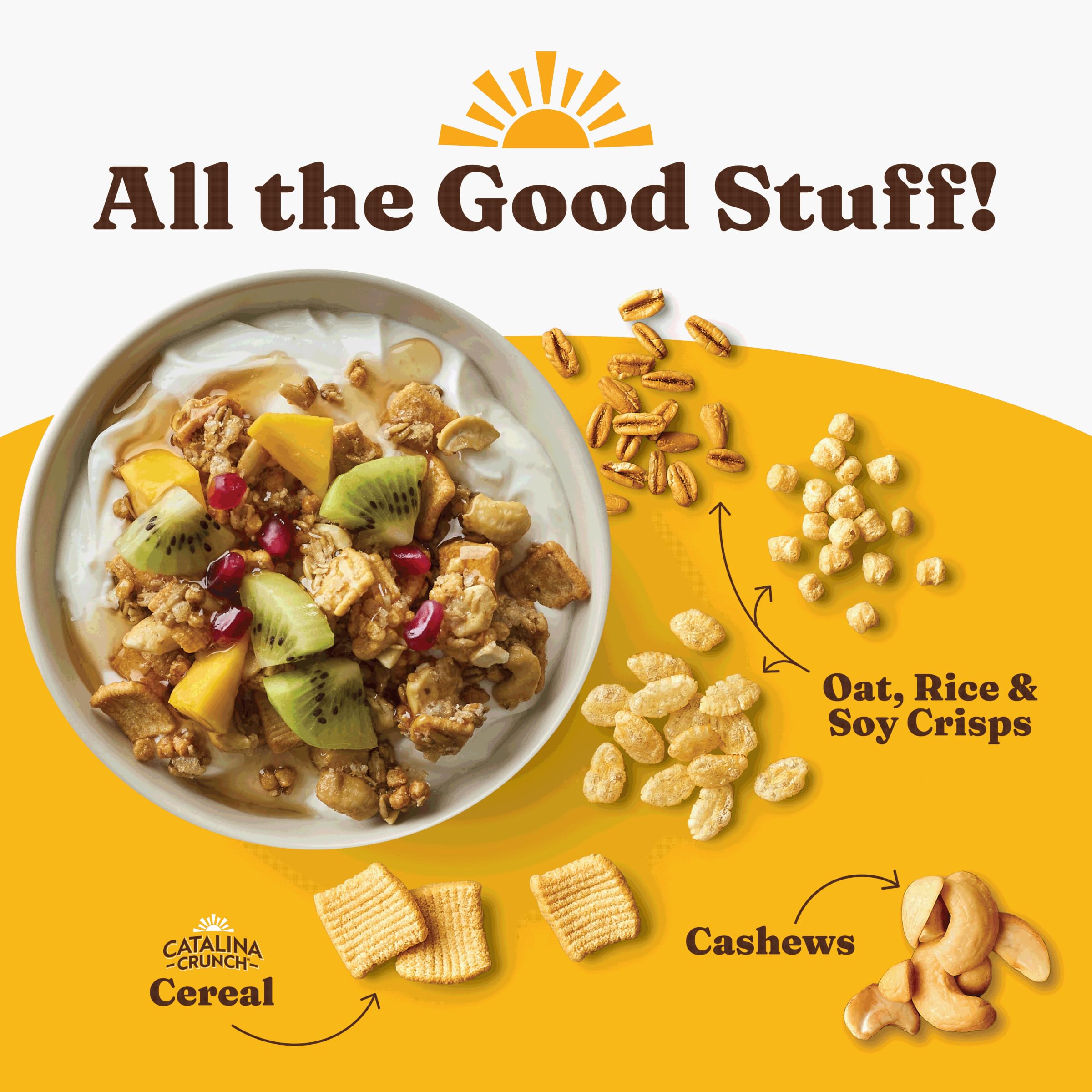 Catalina Crunch protein granola served in a bowl with milk for fiber-rich breakfast.