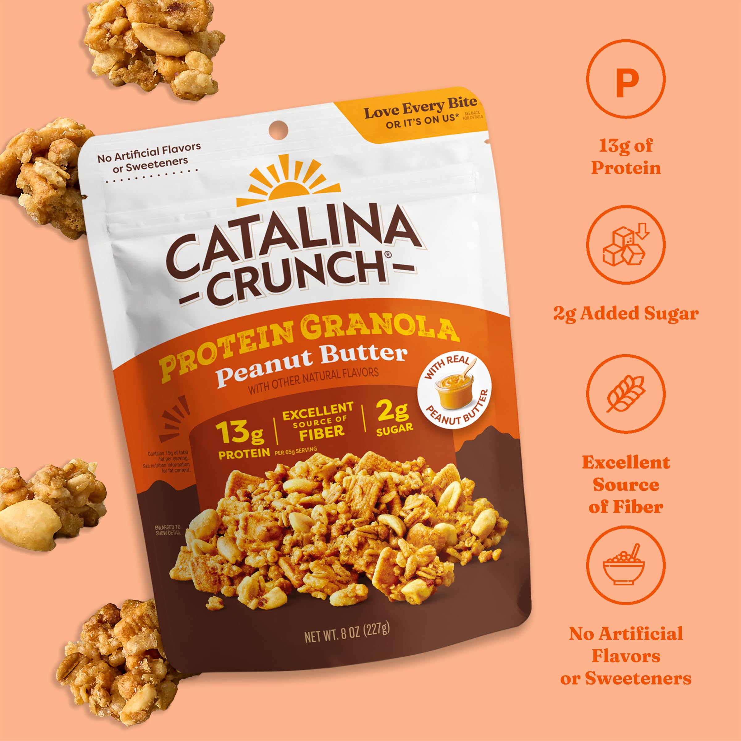 Bag interior view highlighting gluten-free, low-sugar formula