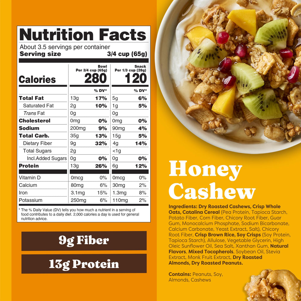 Pouring Catalina Crunch protein granola into a bowl for a protein-packed morning.