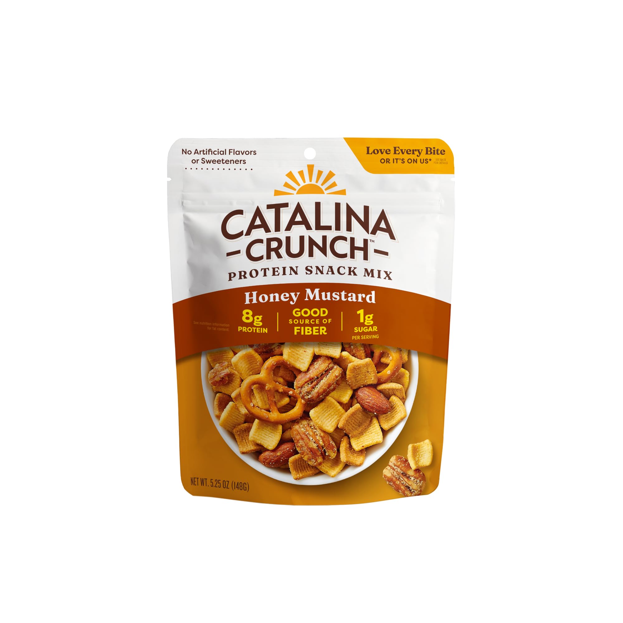 Catalina Crunch Protein Snack Mix bag showing 8g protein per serving for a satisfying snack.