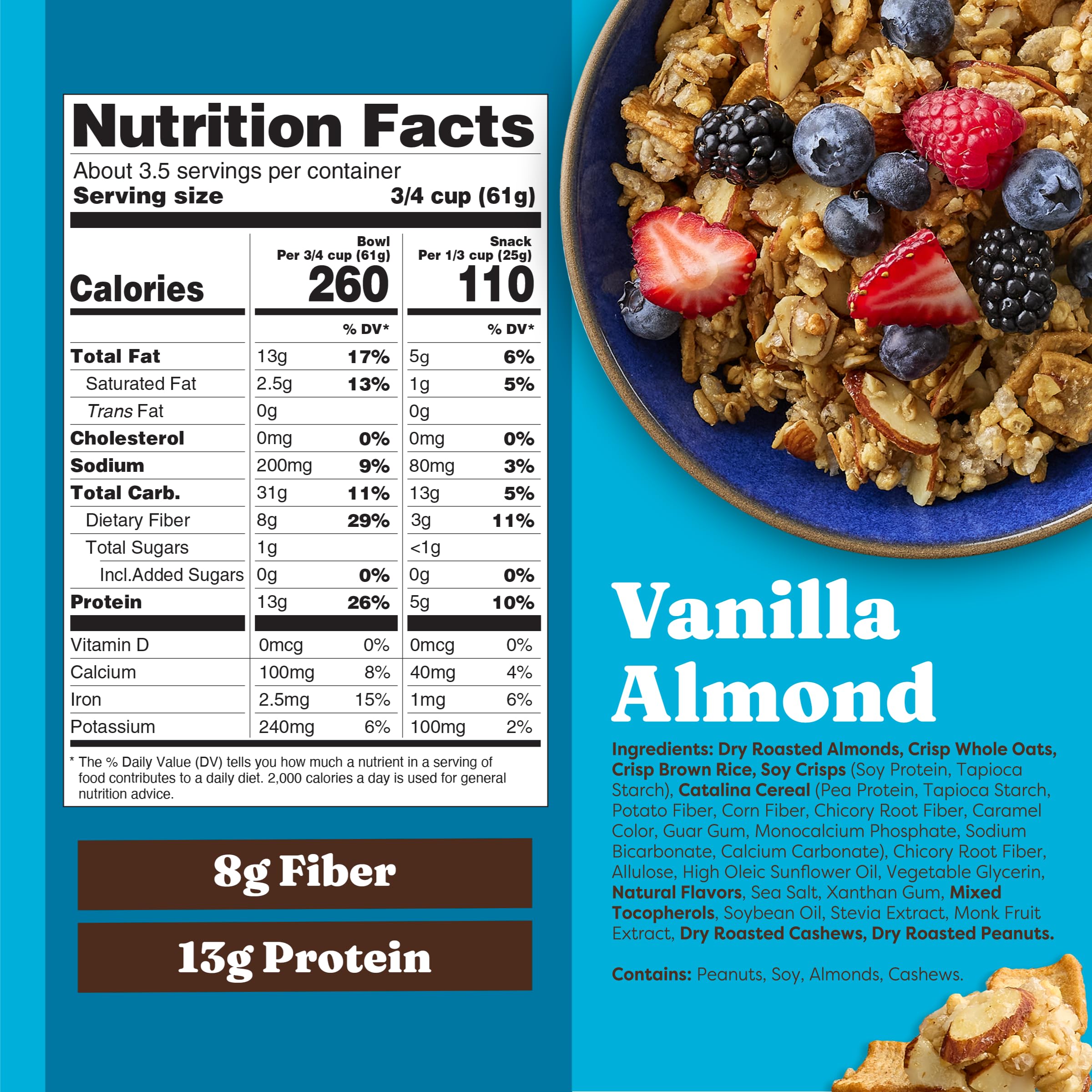 Catalina Crunch vanilla almond granola in a bowl, high protein for busy mornings.