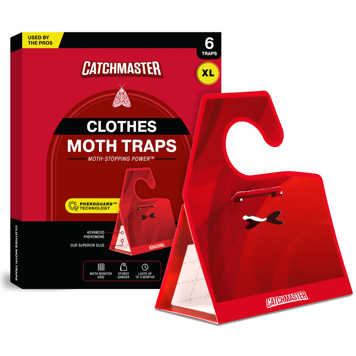 Catchmaster clothing moth traps red XL, visible in closet, helping protect textiles.