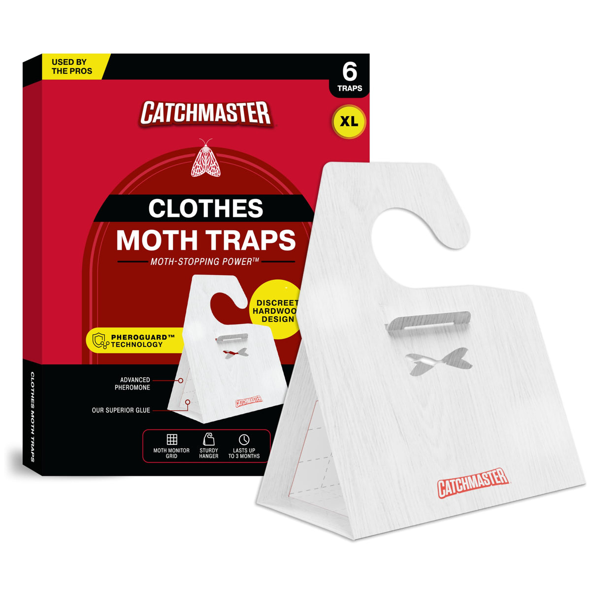 Catchmaster clothing moth traps in XL hardwood design for discreet closet protection.