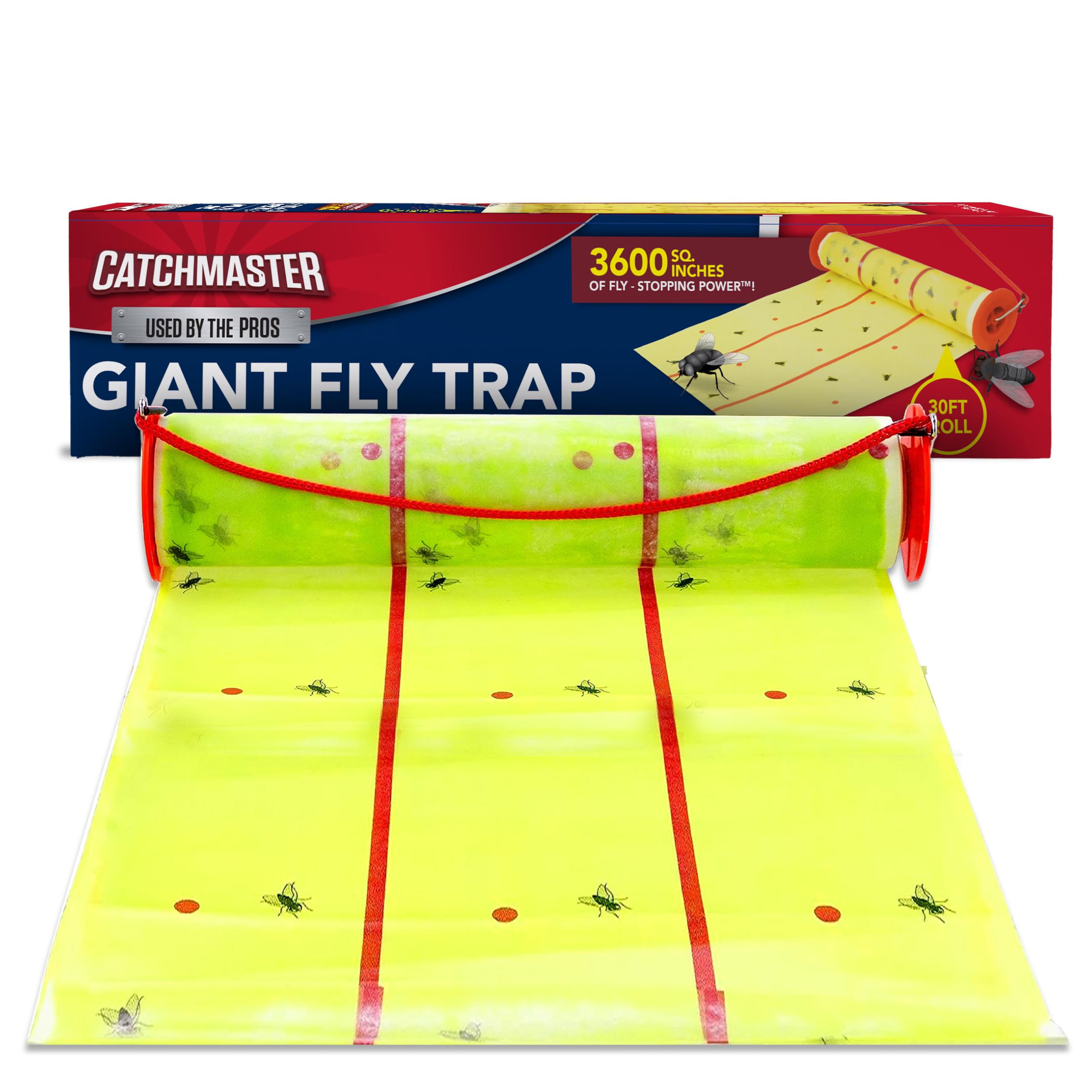 Catchmaster giant fly glue trap roll showing a 30 foot adhesive surface for catching flying insects