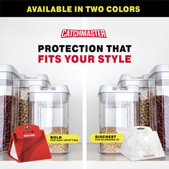 Catchmaster pantry traps installed in a kitchen cabinet beside dry goods.