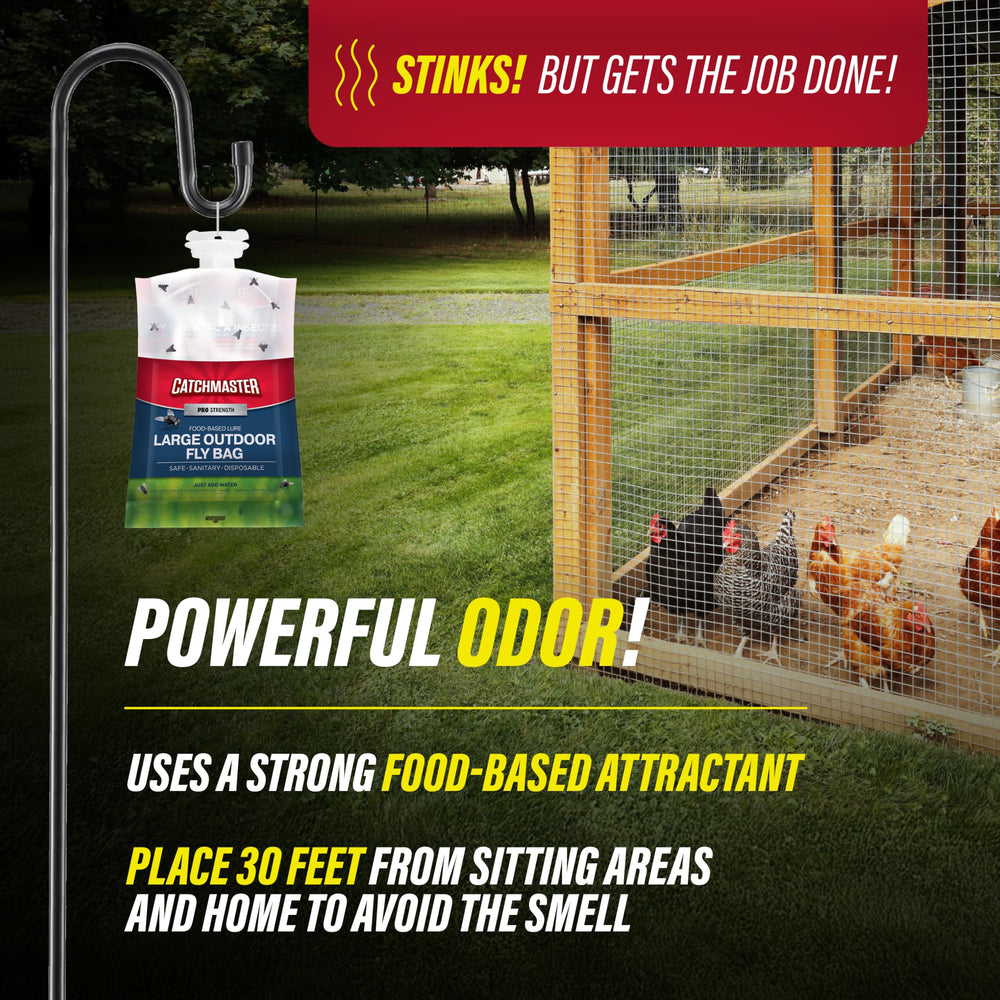 Catchmaster Pro food-based lure attracts flies from distance.