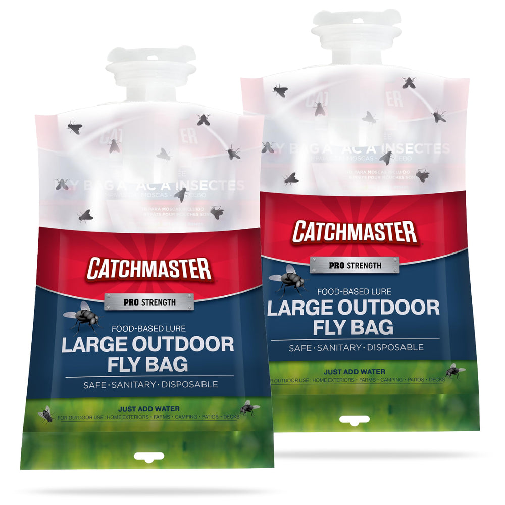 Catchmaster Pro outdoor fly trap with lid closed showing mess-free disposal.