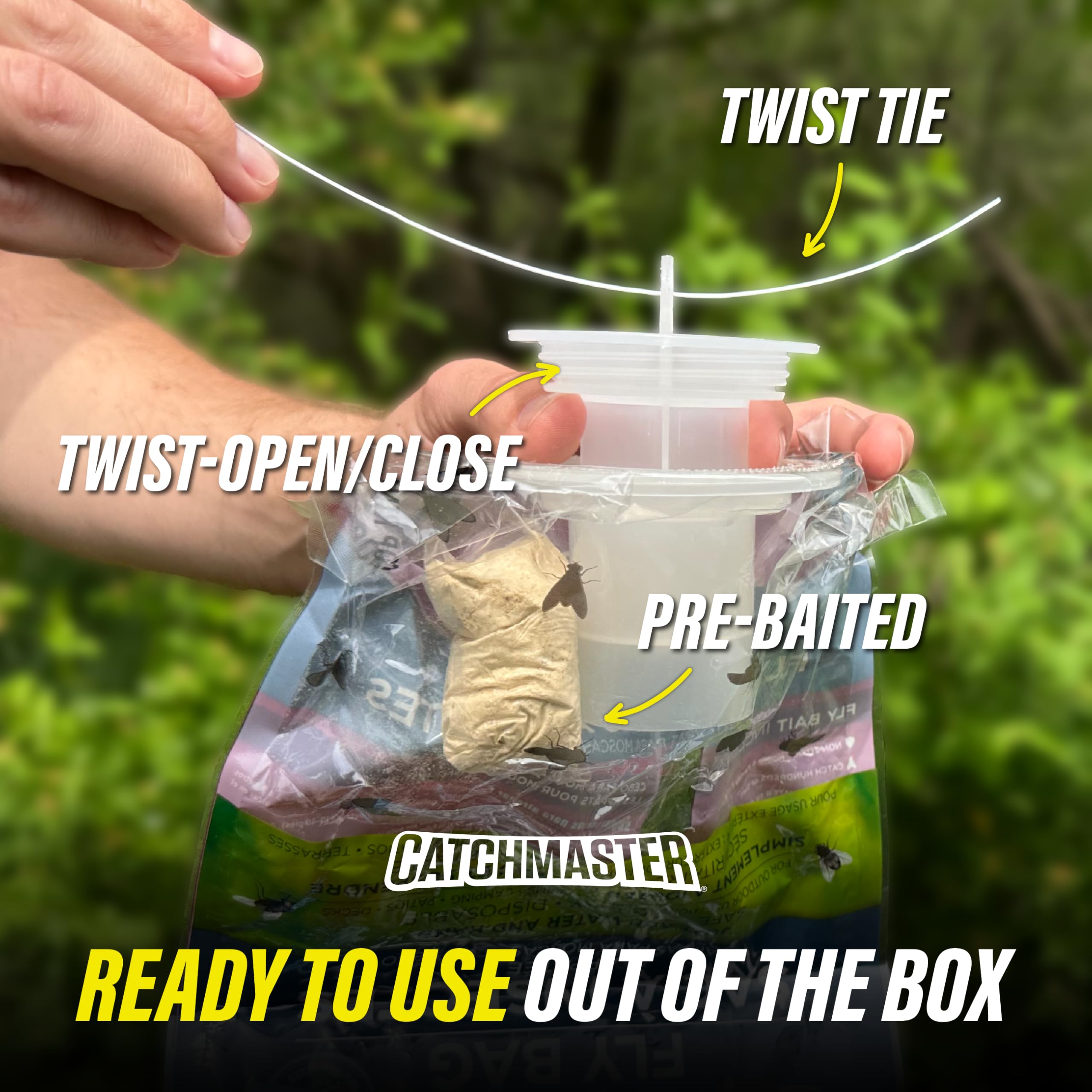 Catchmaster Pro Series bag trap near barns reduces fly exposure.