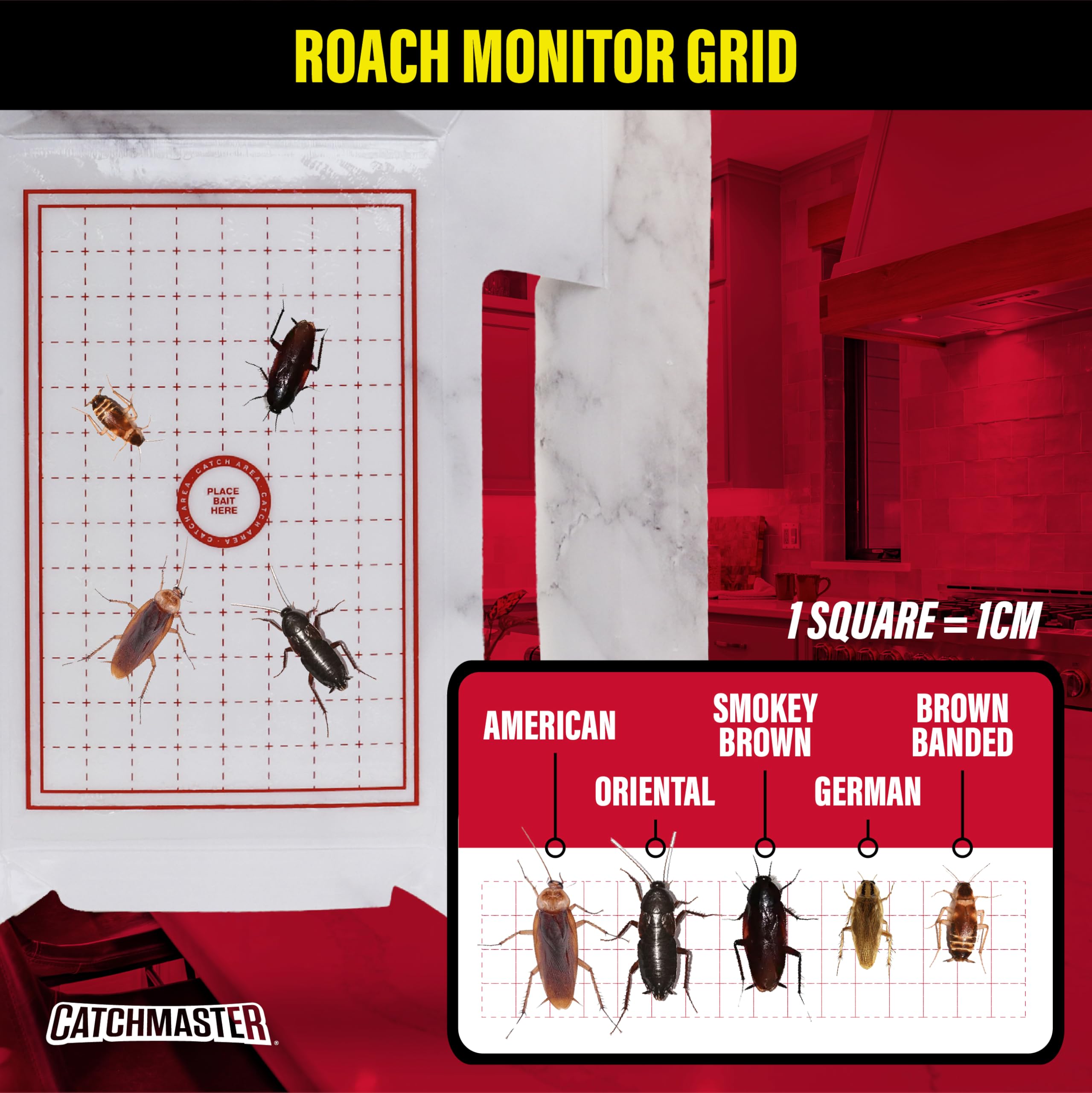 Catchmaster roach trap suitable for bathroom and garage applications.