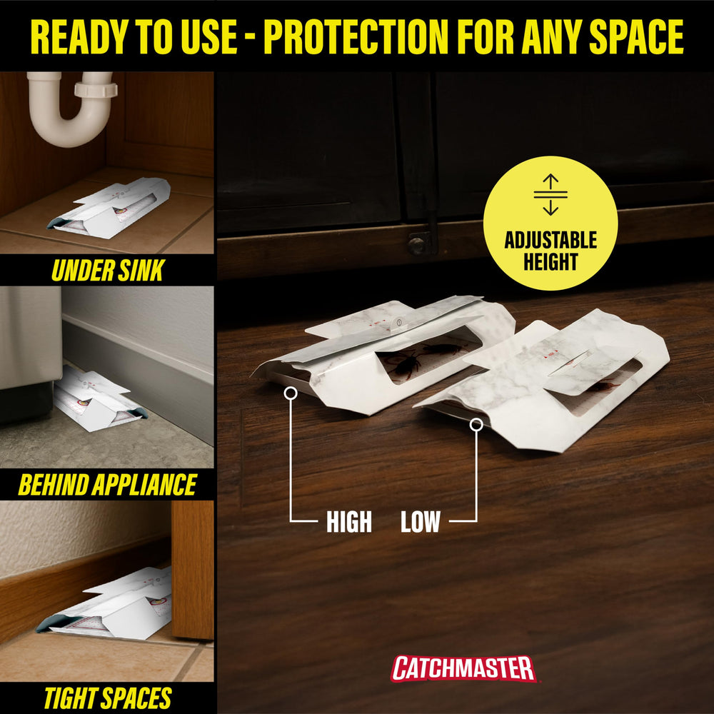 Catchmaster roach trap placed along kitchen wall for optimal coverage.