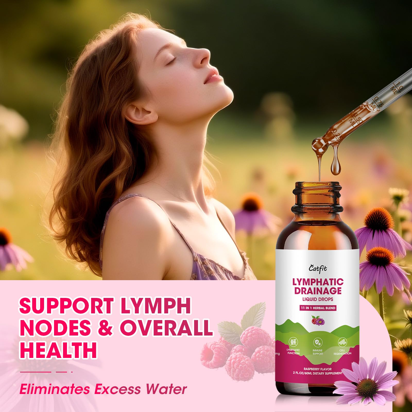 Catfit Lymphatic Drainage Drops label closeup highlighting the 11-herb blend.