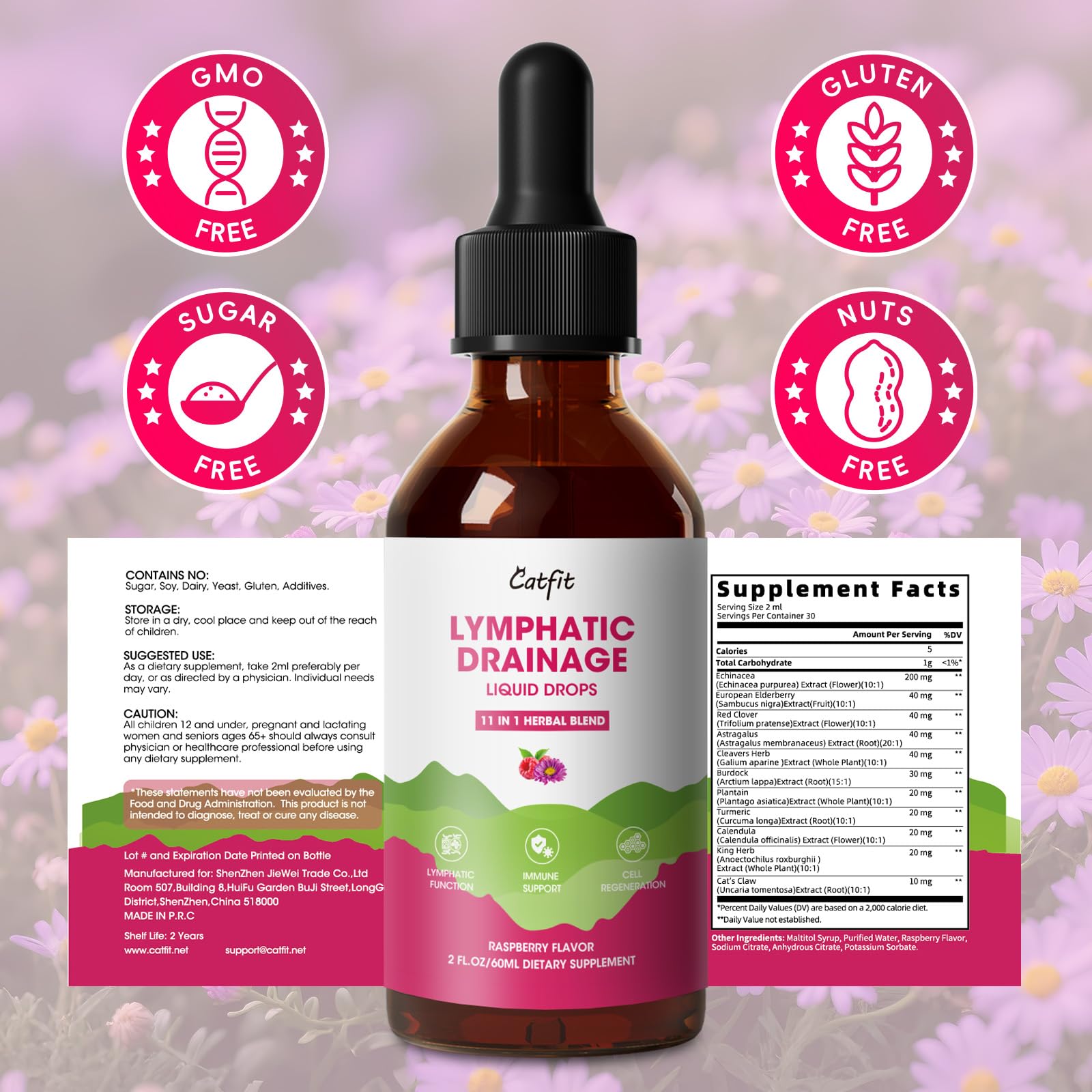 Catfit Lymphatic Drainage Drops packaging with massager suggestion for paired use.