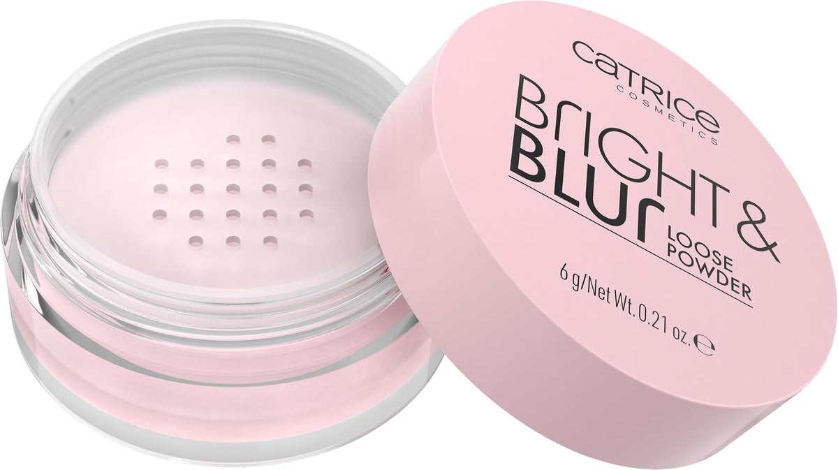 Catrice Bright & Blur loose powder in soft pink tin for a soft-focus finish.