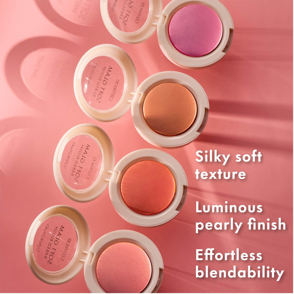 Catrice Soft Glam Baked Blush Midnight Berry swirl application highlights natural radiance.