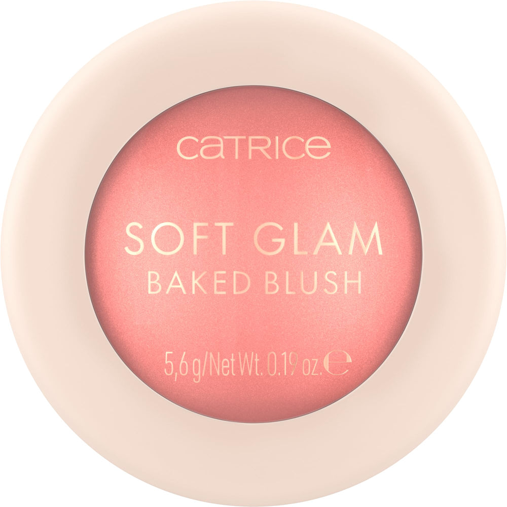 Catrice Soft Glam Baked Blush On Cloud Pink compact adds a luminous glow to cheeks.