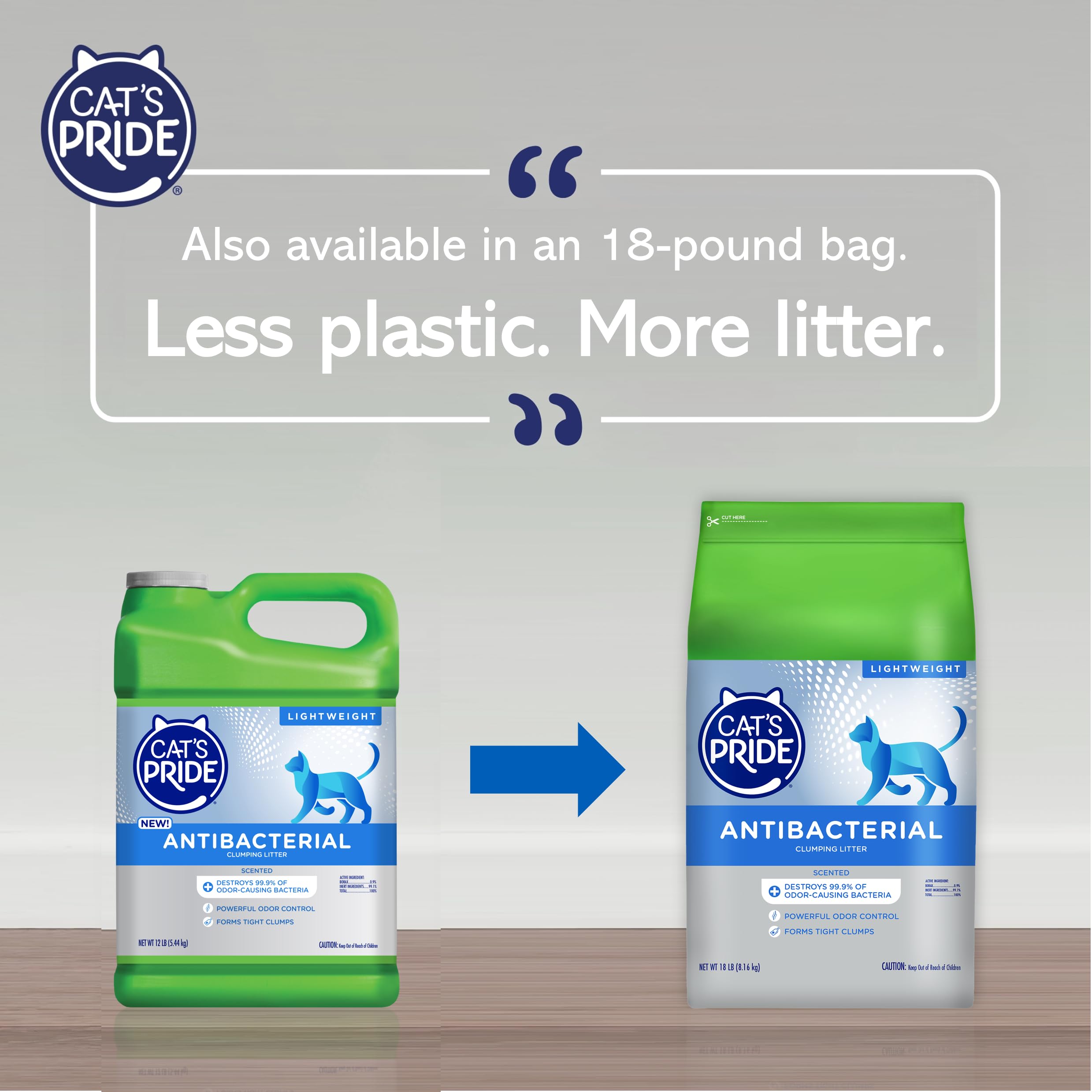 Cat's Pride antibacterial litter 18lb bag pour shows lightweight design for easy handling