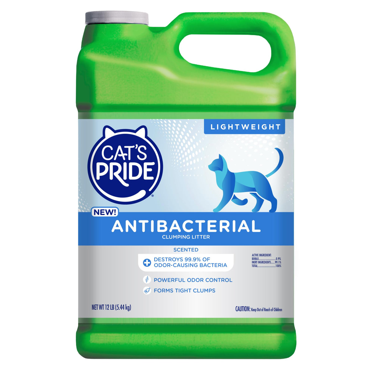 Cat's Pride antibacterial litter bottle pour showing easy handling and odor control