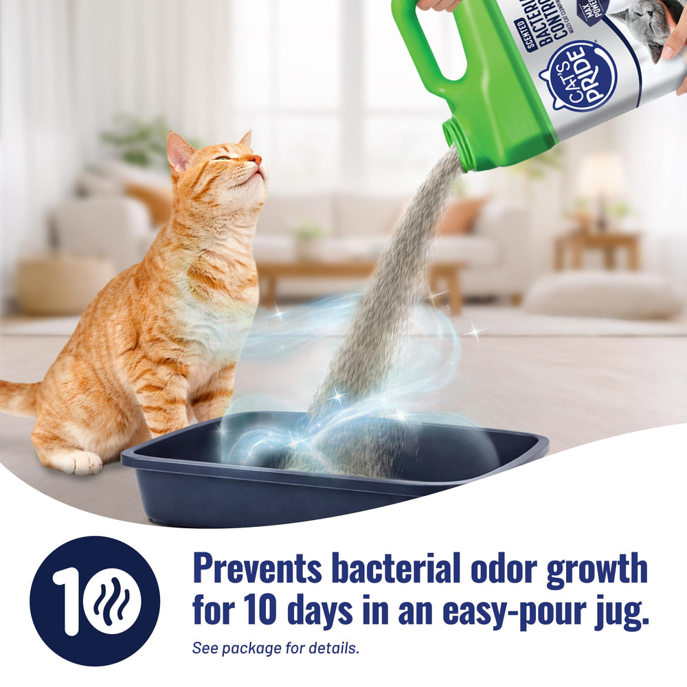 Cat's Pride odor-prevention seconds-fast action is demonstrated in product visuals.