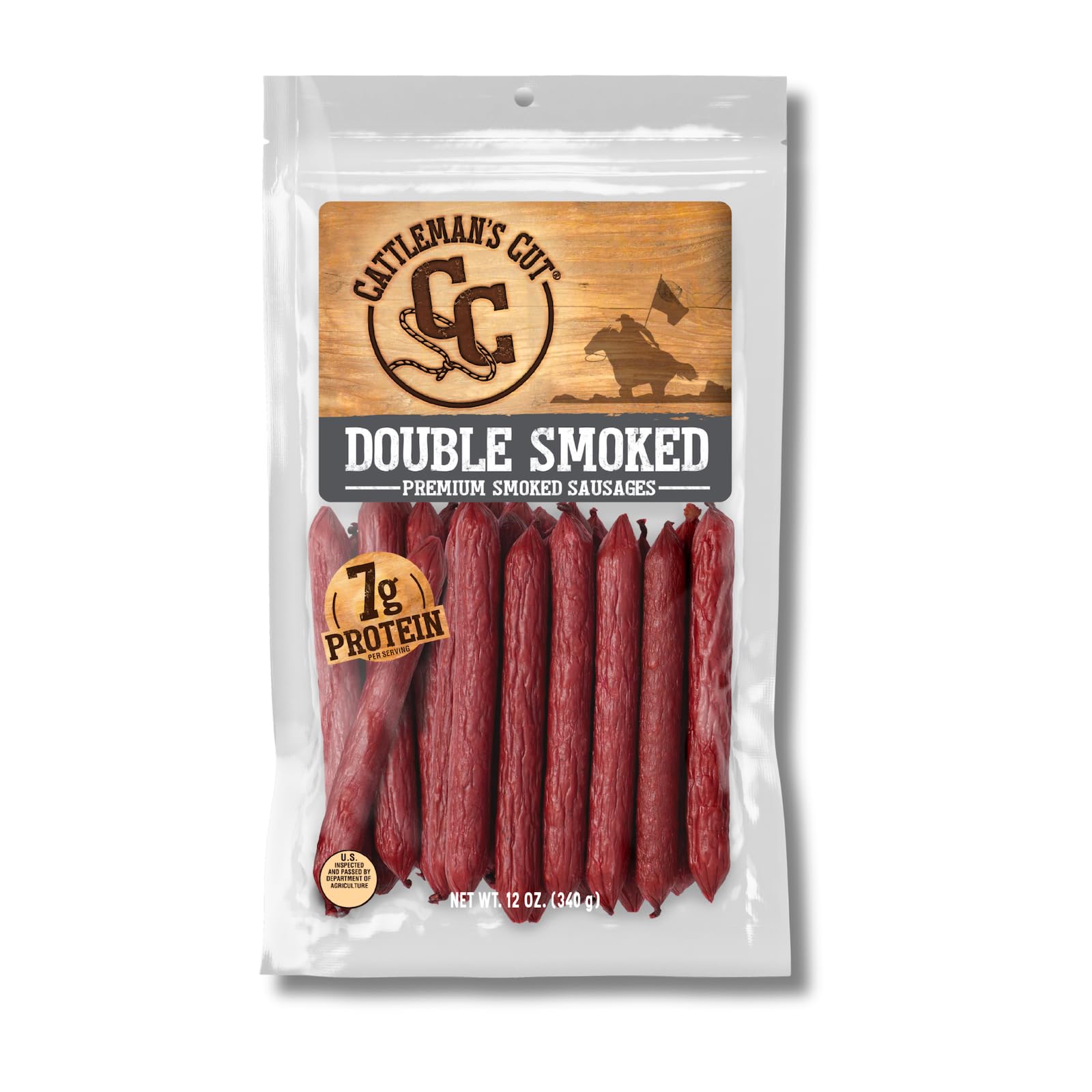 Cattleman's Cut double smoked sausages bag close-up showing rich flavor