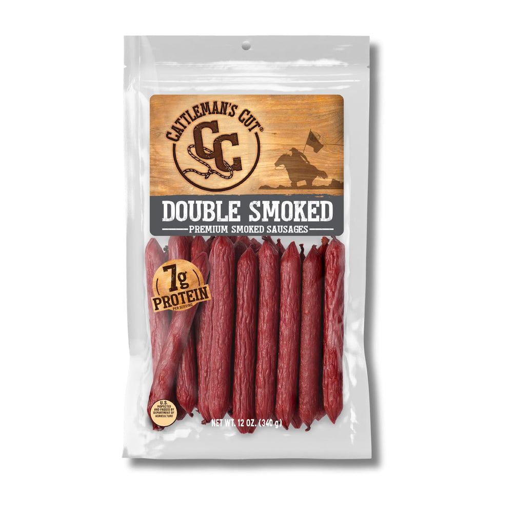 Cattleman's Cut double smoked sausages bag close-up showing rich flavor
