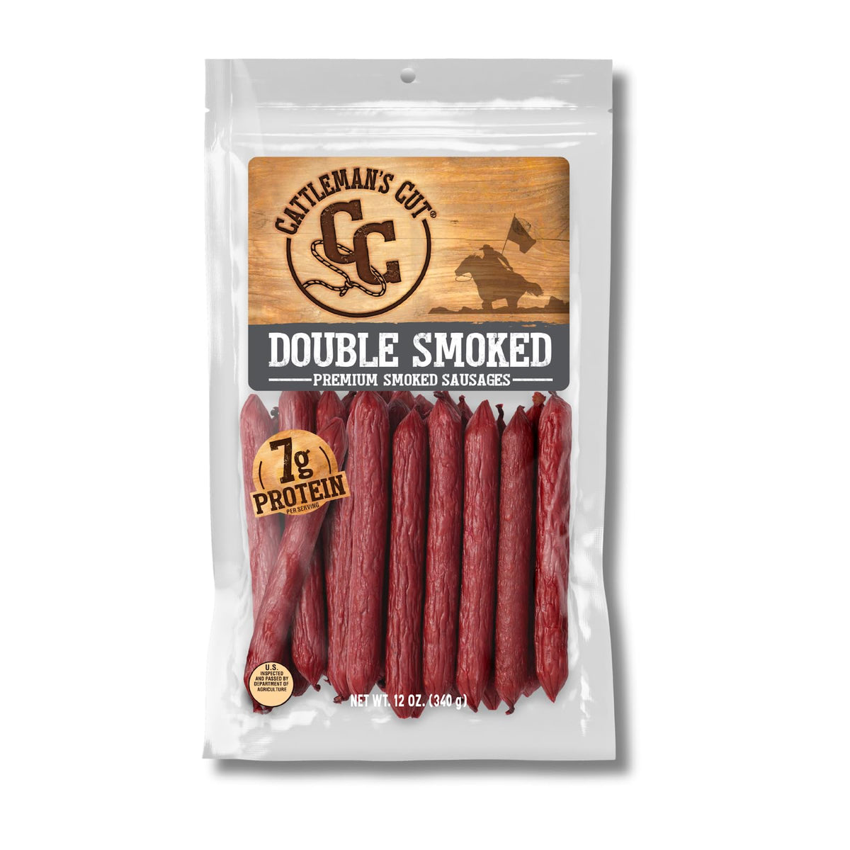 Cattleman's Cut double smoked sausages bag close-up showing rich flavor