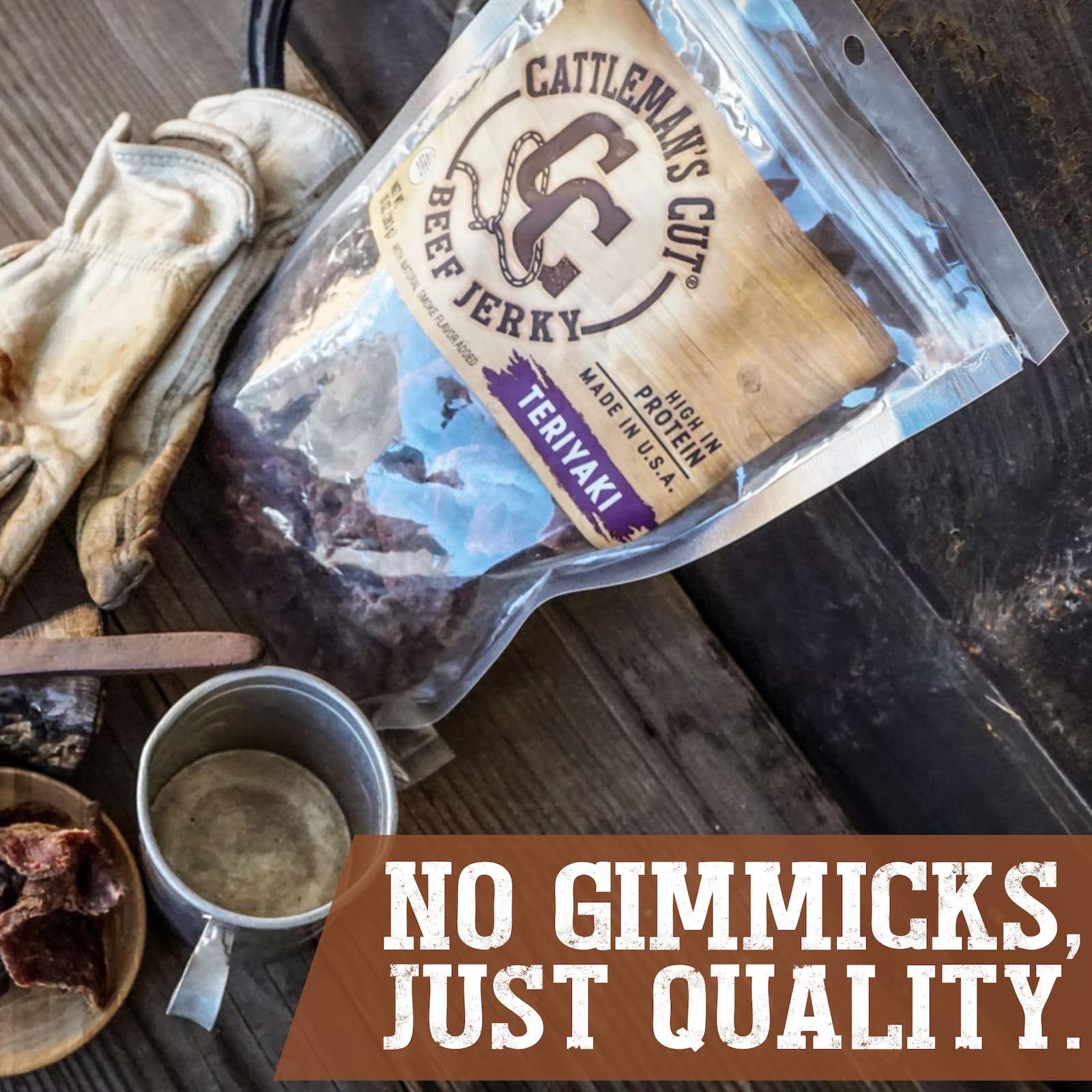 Cattleman's Cut resealable bag teriyaki jerky preserves freshness for travel.