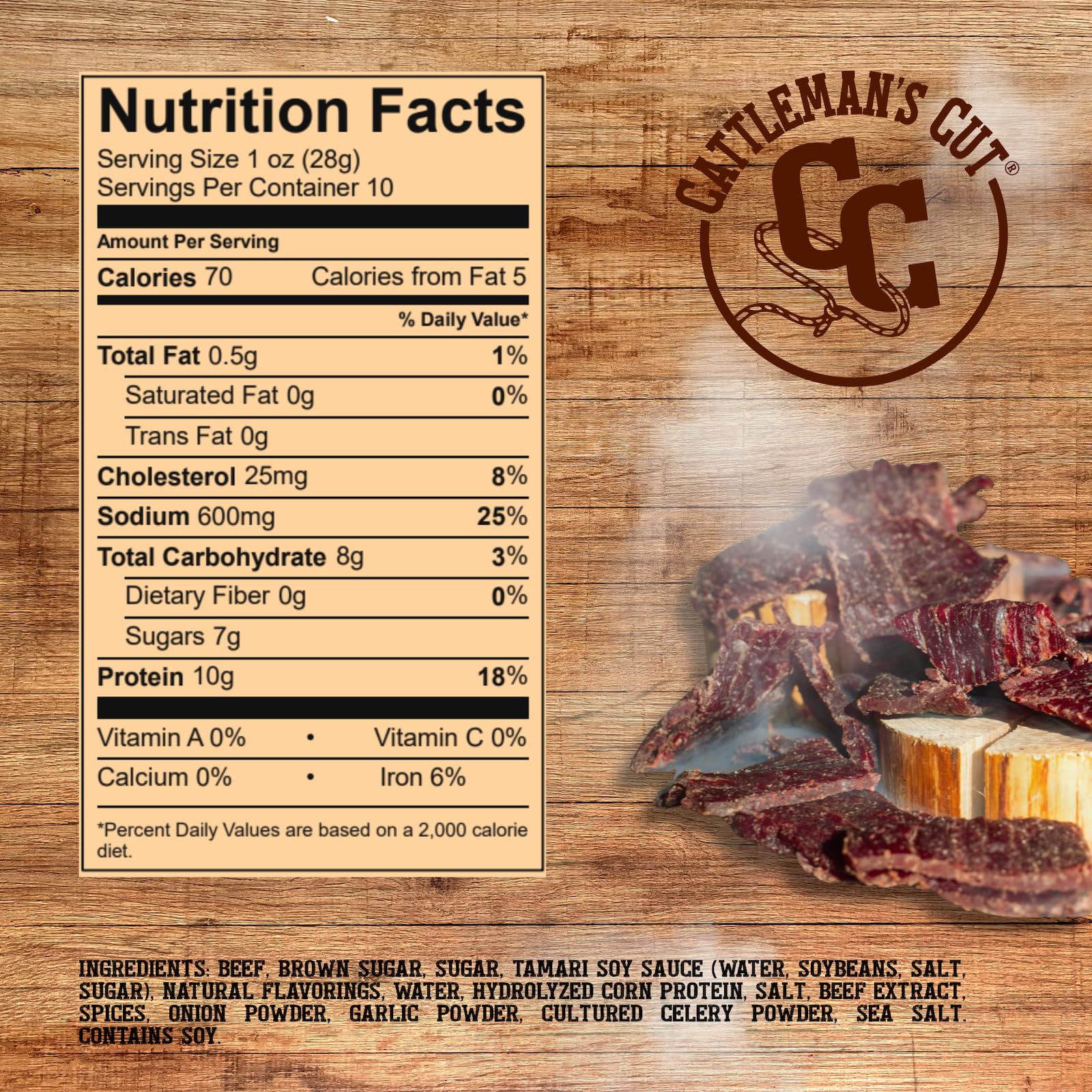 Cattleman's Cut Teriyaki Jerky slices close-up highlighting tender texture and glaze.