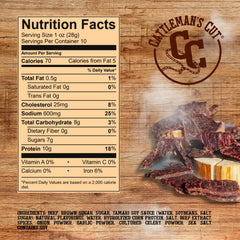 Cattleman's Cut Teriyaki Jerky slices close-up highlighting tender texture and glaze.