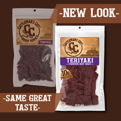 Cattleman's Cut Teriyaki Jerky glaze close-up emphasizing rich soy garlic flavor.