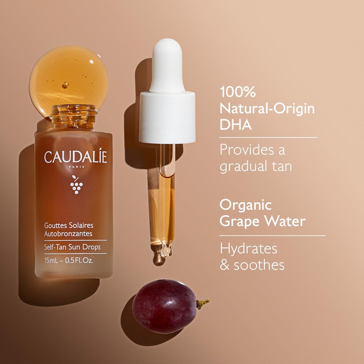 Caudalie Self-Tan Sun Drops fragrance-free label suitable for sensitive skin.