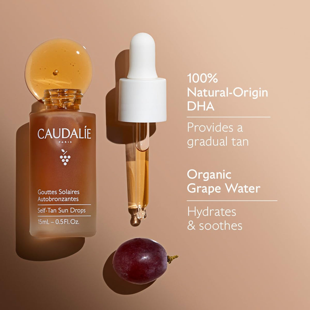 Caudalie Self-Tan Sun Drops fragrance-free label suitable for sensitive skin.